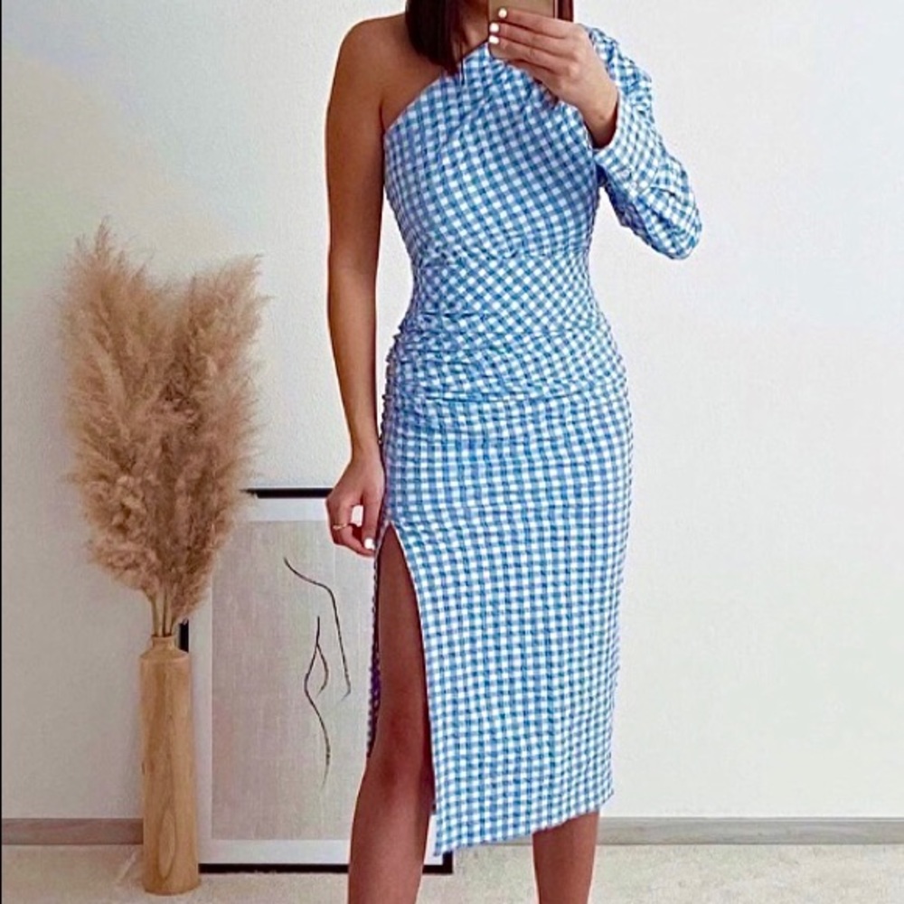 Zara Asymmetric drape gingham top and skirt set L